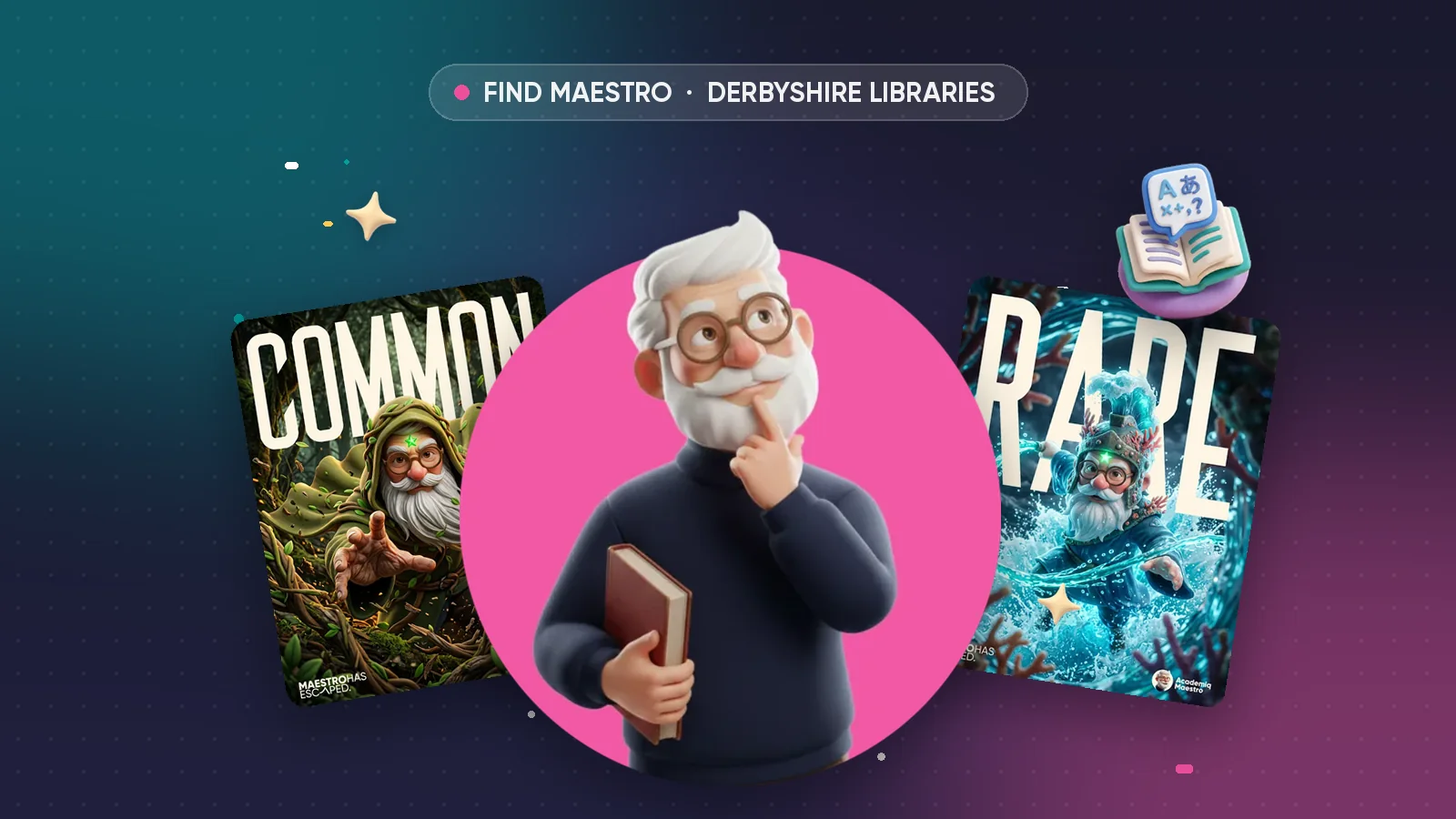 Maestro holding a book between Common and Rare Find Maestro character cards