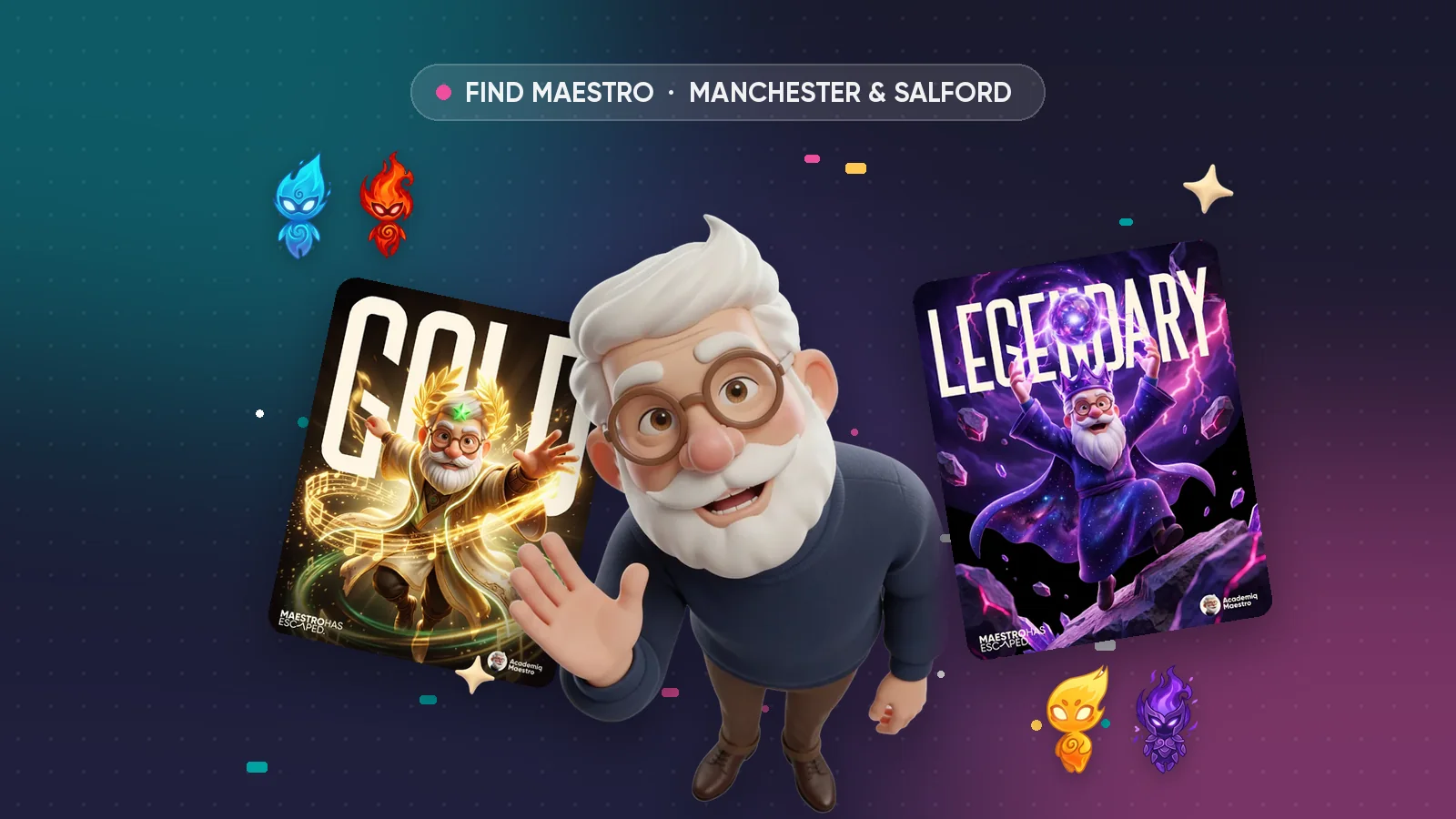 Maestro waving beside Gold and Legendary Find Maestro character cards
